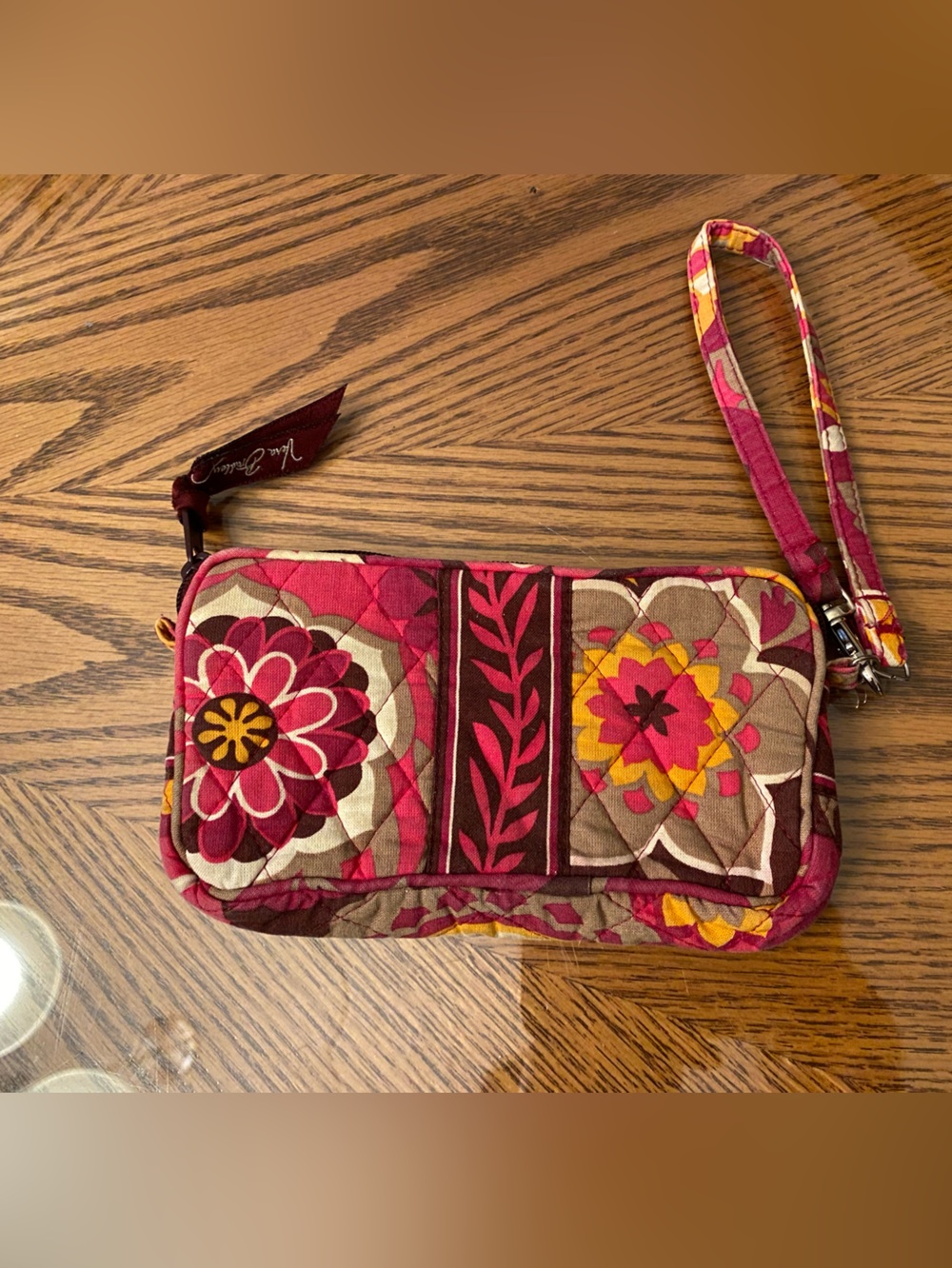 Vera Bradley Quilted Floral Wristlet in Pink, Yellow & Brown